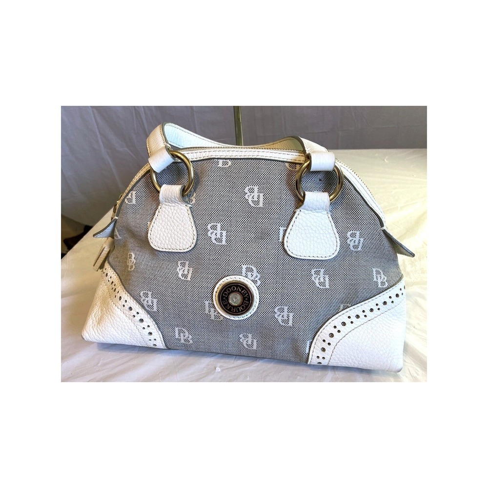 Dooney & Bourke DB Monogram Canvas Satchel Bag White Leather Trim Grey